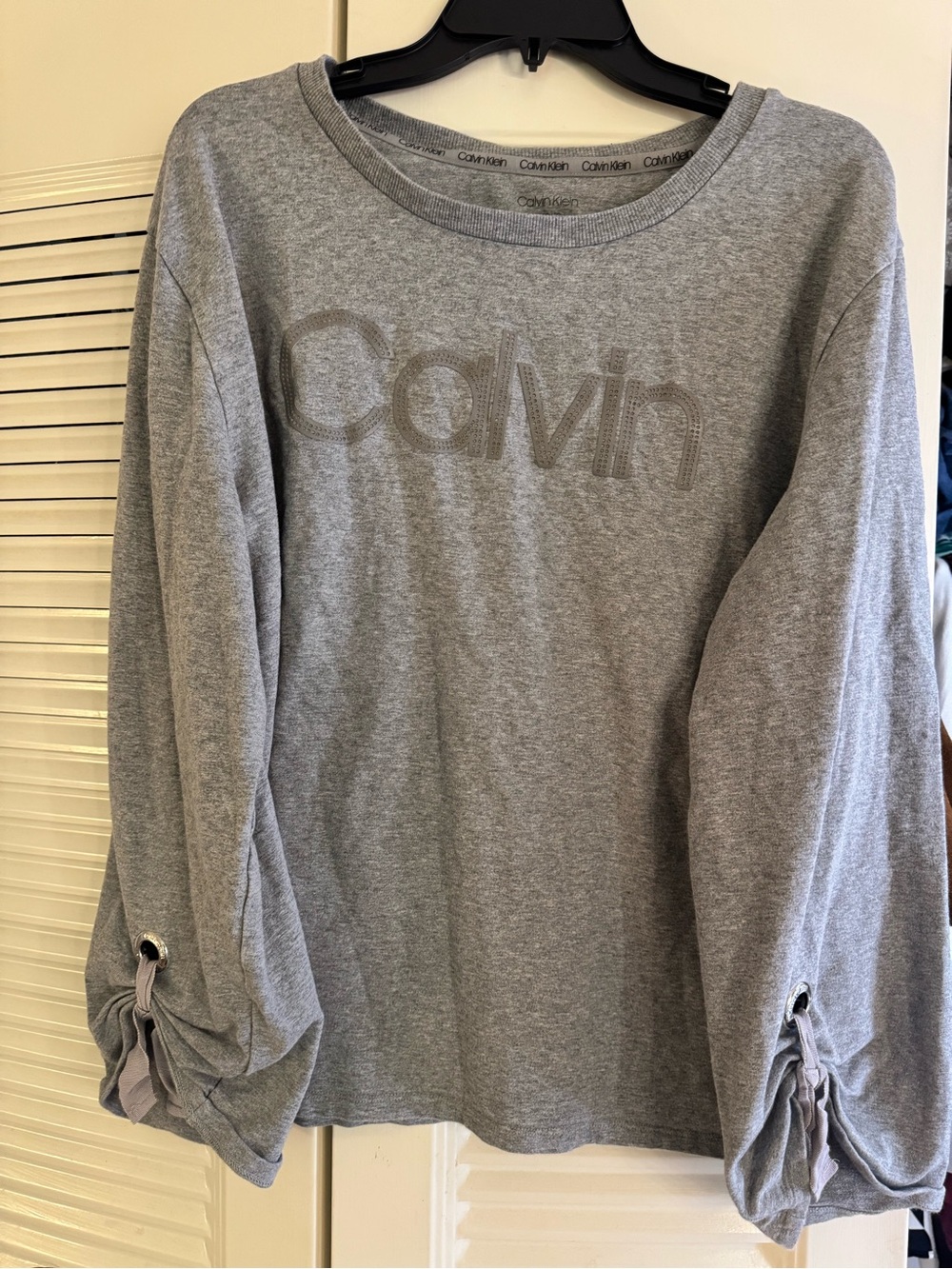 Calvin Klein Gray Embossed Logo Long-Sleeve Top with Tie Sleeves
